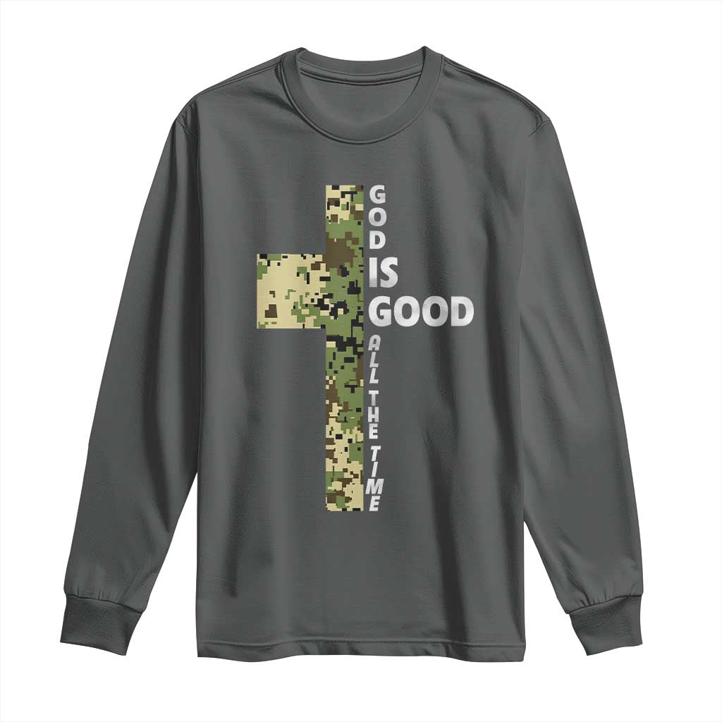 God Is Good Long Sleeve Shirt Camo Cross Religious Jesus Faith Bible Verse Inspirational TS10 Dark Heather Print Your Wear