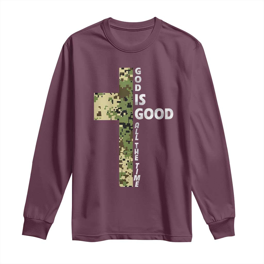 God Is Good Long Sleeve Shirt Camo Cross Religious Jesus Faith Bible Verse Inspirational TS10 Maroon Print Your Wear
