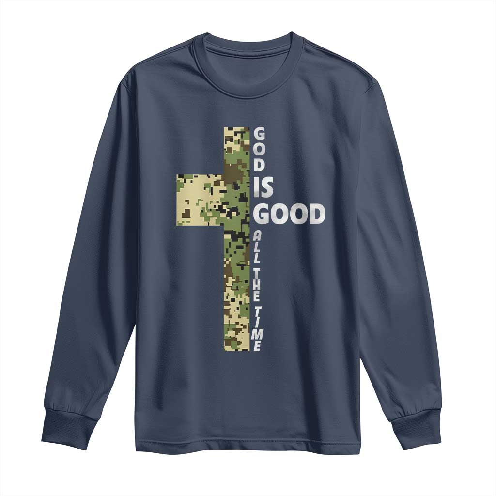 God Is Good Long Sleeve Shirt Camo Cross Religious Jesus Faith Bible Verse Inspirational TS10 Navy Print Your Wear