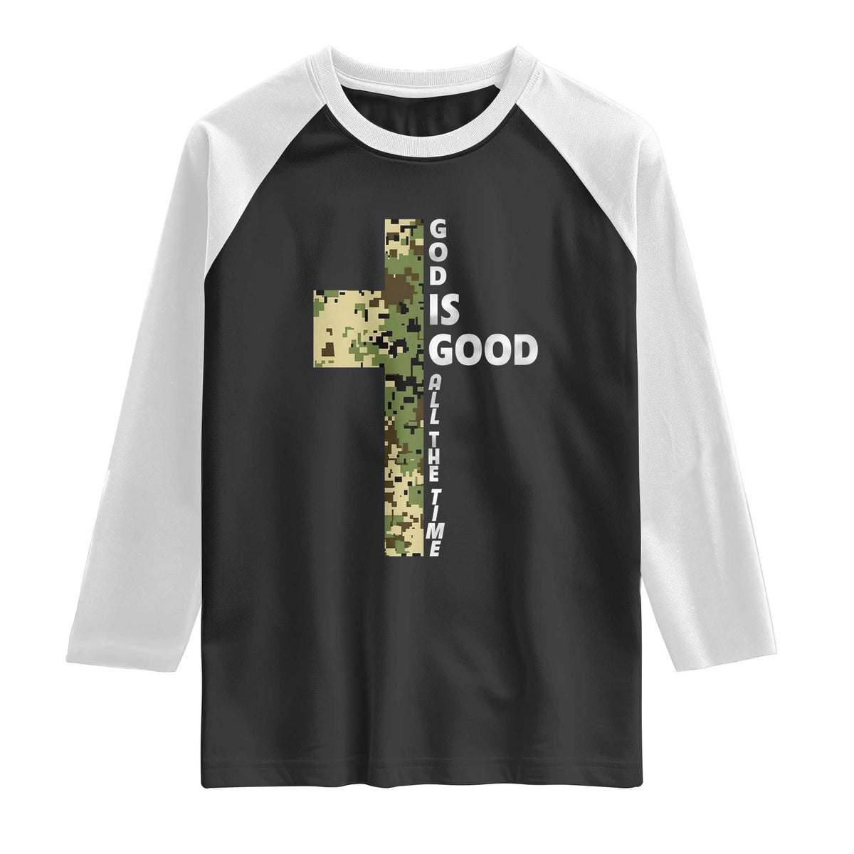 God Is Good Raglan Shirt Camo Cross Religious Jesus Faith Bible Verse Inspirational TS10 Black White Print Your Wear