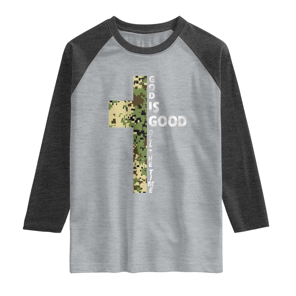 God Is Good Raglan Shirt Camo Cross Religious Jesus Faith Bible Verse Inspirational TS10 Heather Gray Heather Charcoal Print Your Wear