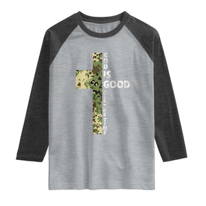 God Is Good Raglan Shirt Camo Cross Religious Jesus Faith Bible Verse Inspirational TS10 Heather Gray Heather Charcoal Print Your Wear