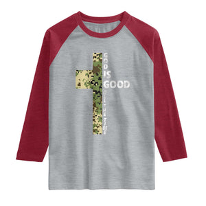 God Is Good Raglan Shirt Camo Cross Religious Jesus Faith Bible Verse Inspirational TS10 Heather Gray Heather Red Print Your Wear