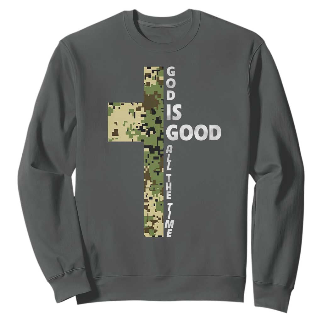 God Is Good Sweatshirt Camo Cross Religious Jesus Faith Bible Verse Inspirational TS10 Dark Heather Print Your Wear
