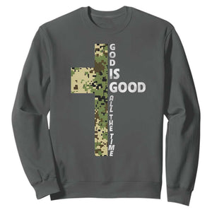 God Is Good Sweatshirt Camo Cross Religious Jesus Faith Bible Verse Inspirational TS10 Dark Heather Print Your Wear