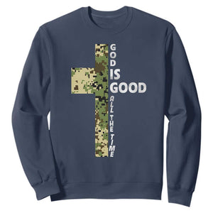 God Is Good Sweatshirt Camo Cross Religious Jesus Faith Bible Verse Inspirational TS10 Navy Print Your Wear