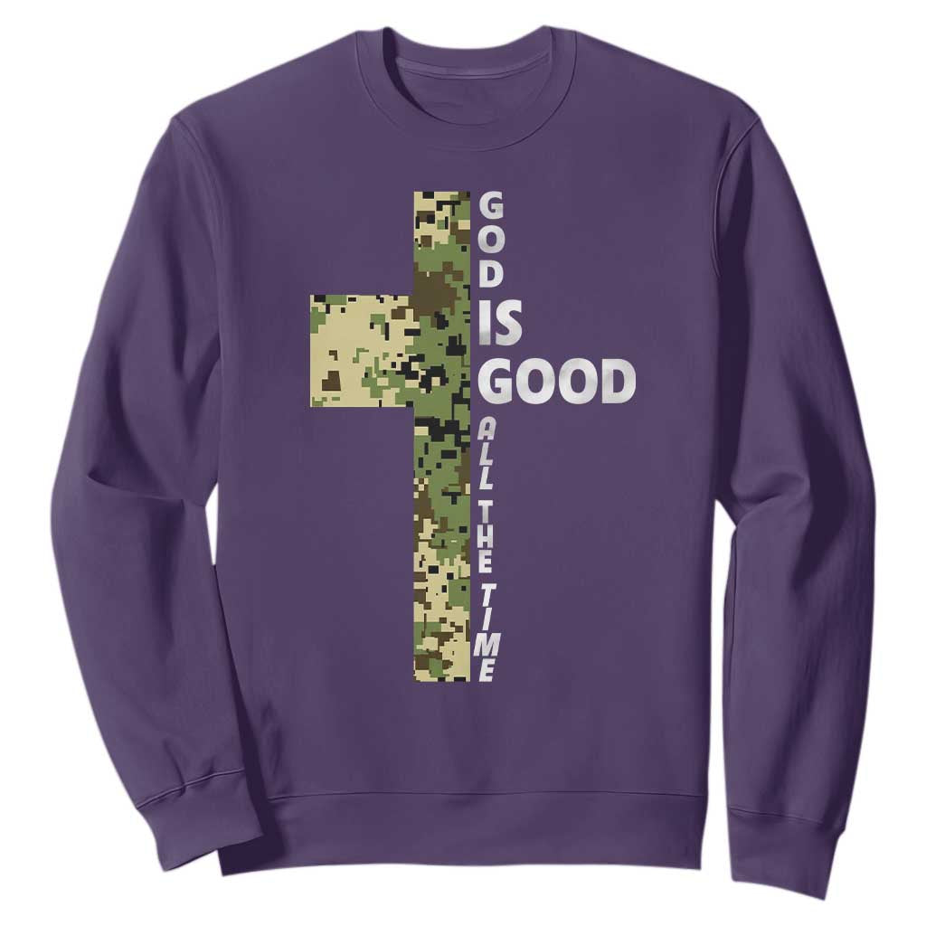 God Is Good Sweatshirt Camo Cross Religious Jesus Faith Bible Verse Inspirational TS10 Purple Print Your Wear