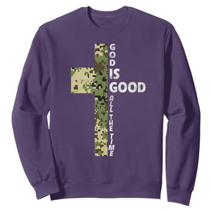 God Is Good Sweatshirt Camo Cross Religious Jesus Faith Bible Verse Inspirational TS10 Purple Print Your Wear