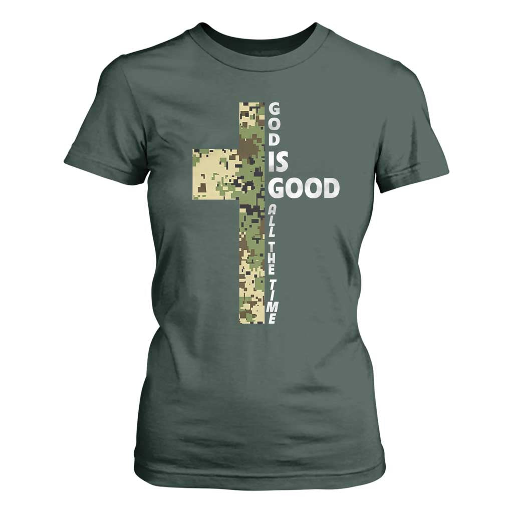 God Is Good T Shirt For Women Camo Cross Religious Jesus Faith Bible Verse Inspirational TS10 Dark Forest Green Print Your Wear