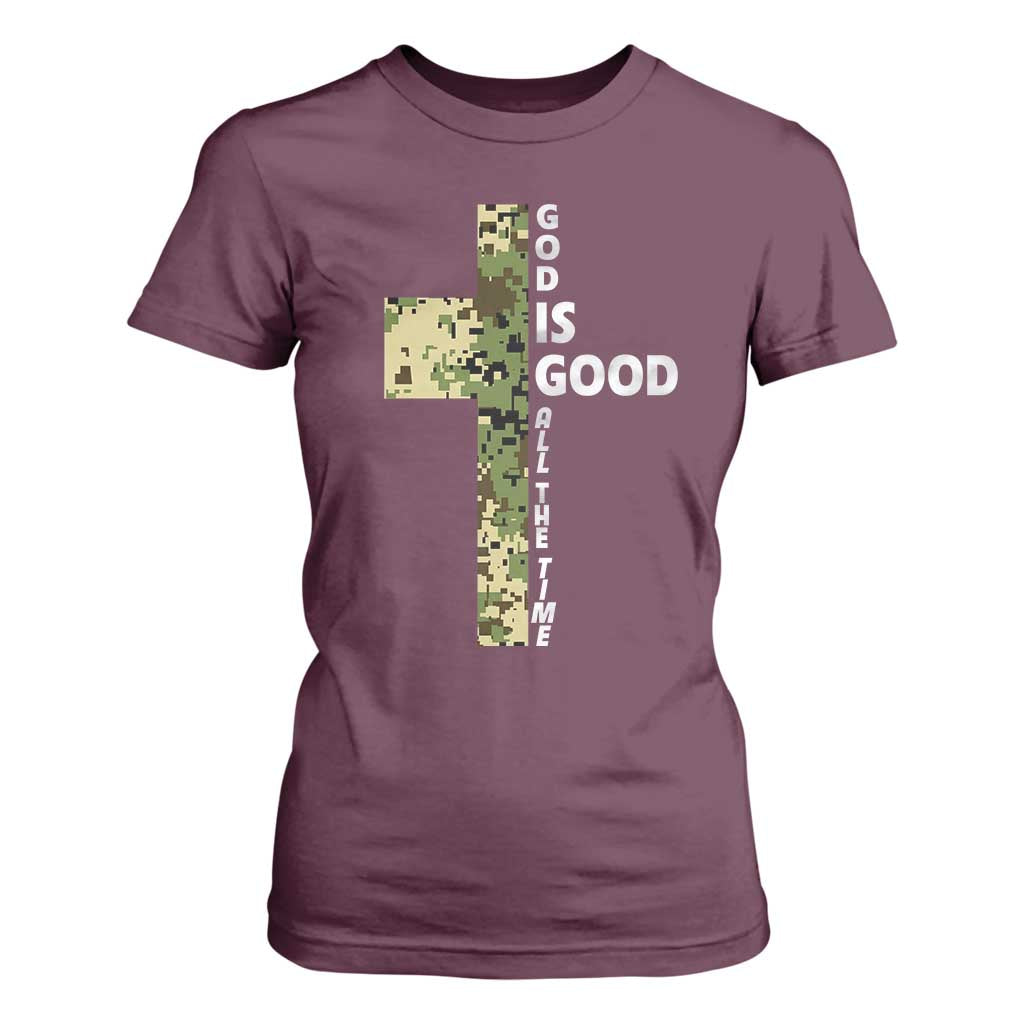God Is Good T Shirt For Women Camo Cross Religious Jesus Faith Bible Verse Inspirational TS10 Maroon Print Your Wear