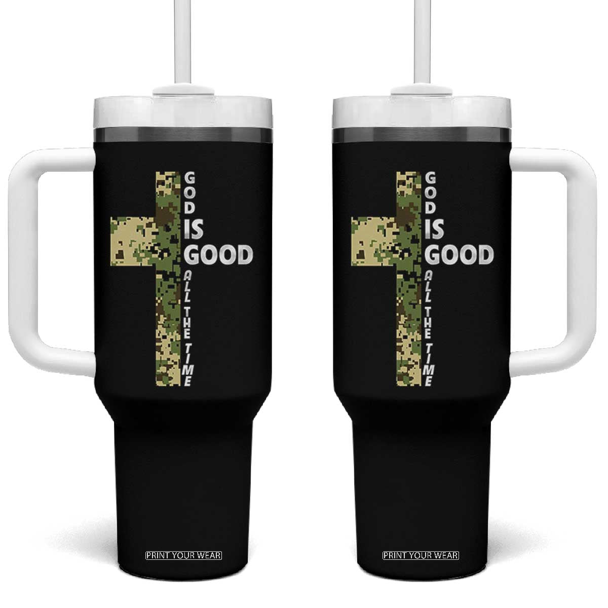 God Is Good Tumbler With Handle Camo Cross Religious Jesus Faith Bible Verse Inspirational TS10 One Size: 40 oz Black Print Your Wear