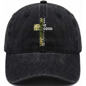 God Is Good Washed Cotton Baseball Cap Camo Cross Religious Jesus Faith Bible Verse Inspirational TS10 Print Your Wear