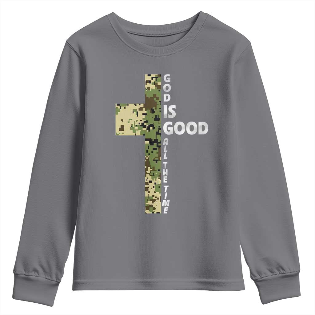 God Is Good Youth Sweatshirt Camo Cross Religious Jesus Faith Bible Verse Inspirational TS10 Charcoal Print Your Wear