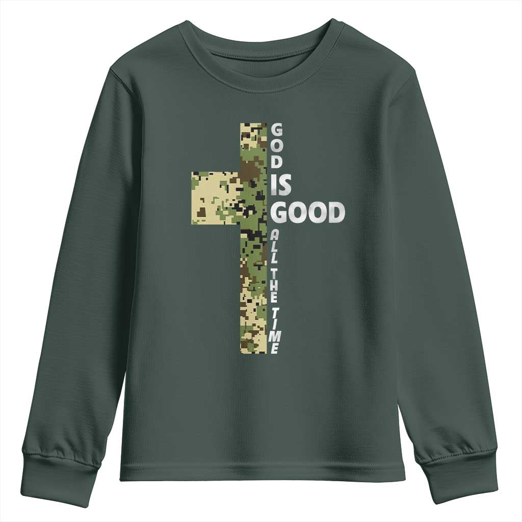 God Is Good Youth Sweatshirt Camo Cross Religious Jesus Faith Bible Verse Inspirational TS10 Dark Forest Green Print Your Wear