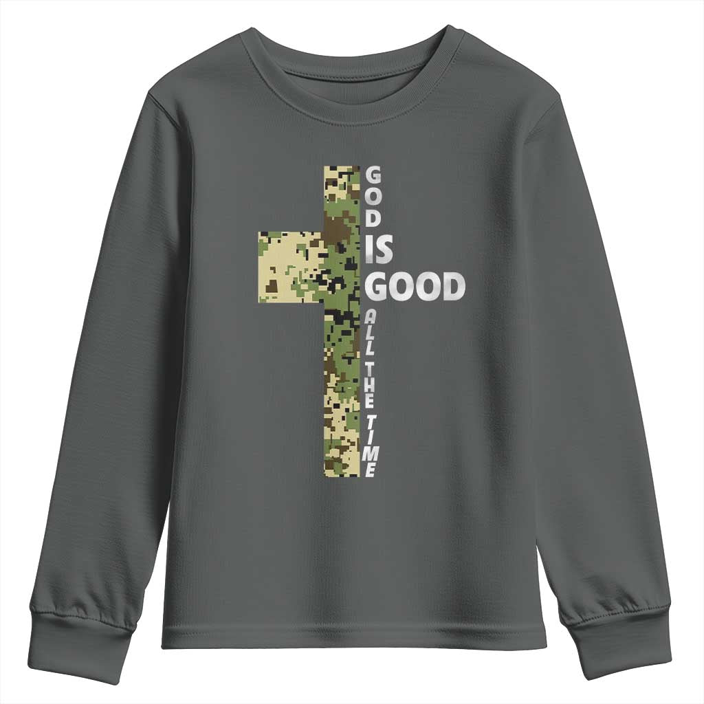 God Is Good Youth Sweatshirt Camo Cross Religious Jesus Faith Bible Verse Inspirational TS10 Dark Heather Print Your Wear