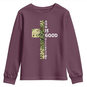God Is Good Youth Sweatshirt Camo Cross Religious Jesus Faith Bible Verse Inspirational TS10 Maroon Print Your Wear