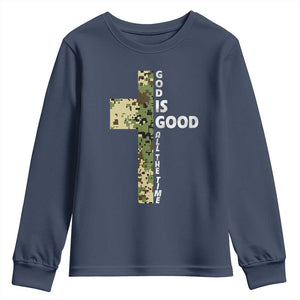 God Is Good Youth Sweatshirt Camo Cross Religious Jesus Faith Bible Verse Inspirational TS10 Navy Print Your Wear