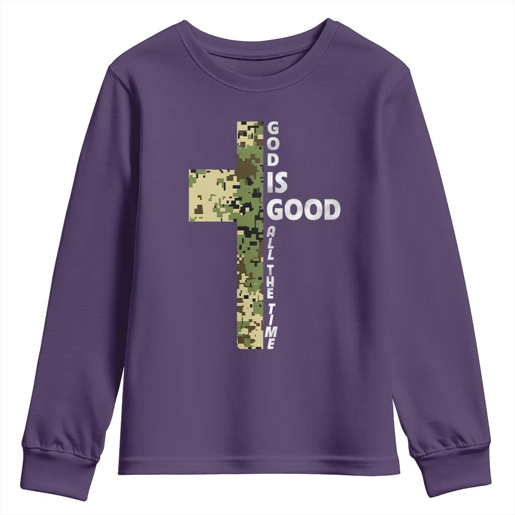 God Is Good Youth Sweatshirt Camo Cross Religious Jesus Faith Bible Verse Inspirational TS10 Purple Print Your Wear
