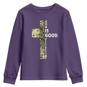 God Is Good Youth Sweatshirt Camo Cross Religious Jesus Faith Bible Verse Inspirational TS10 Purple Print Your Wear