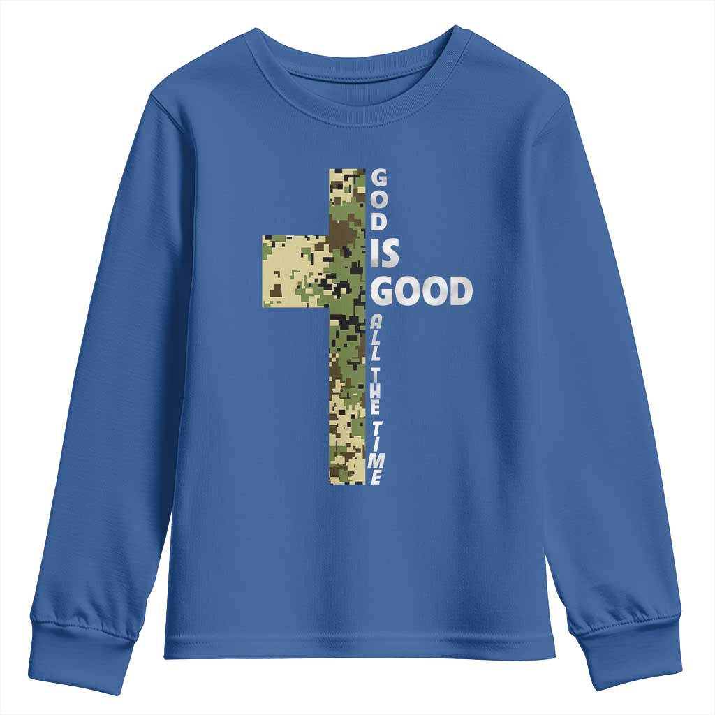 God Is Good Youth Sweatshirt Camo Cross Religious Jesus Faith Bible Verse Inspirational TS10 Royal Blue Print Your Wear