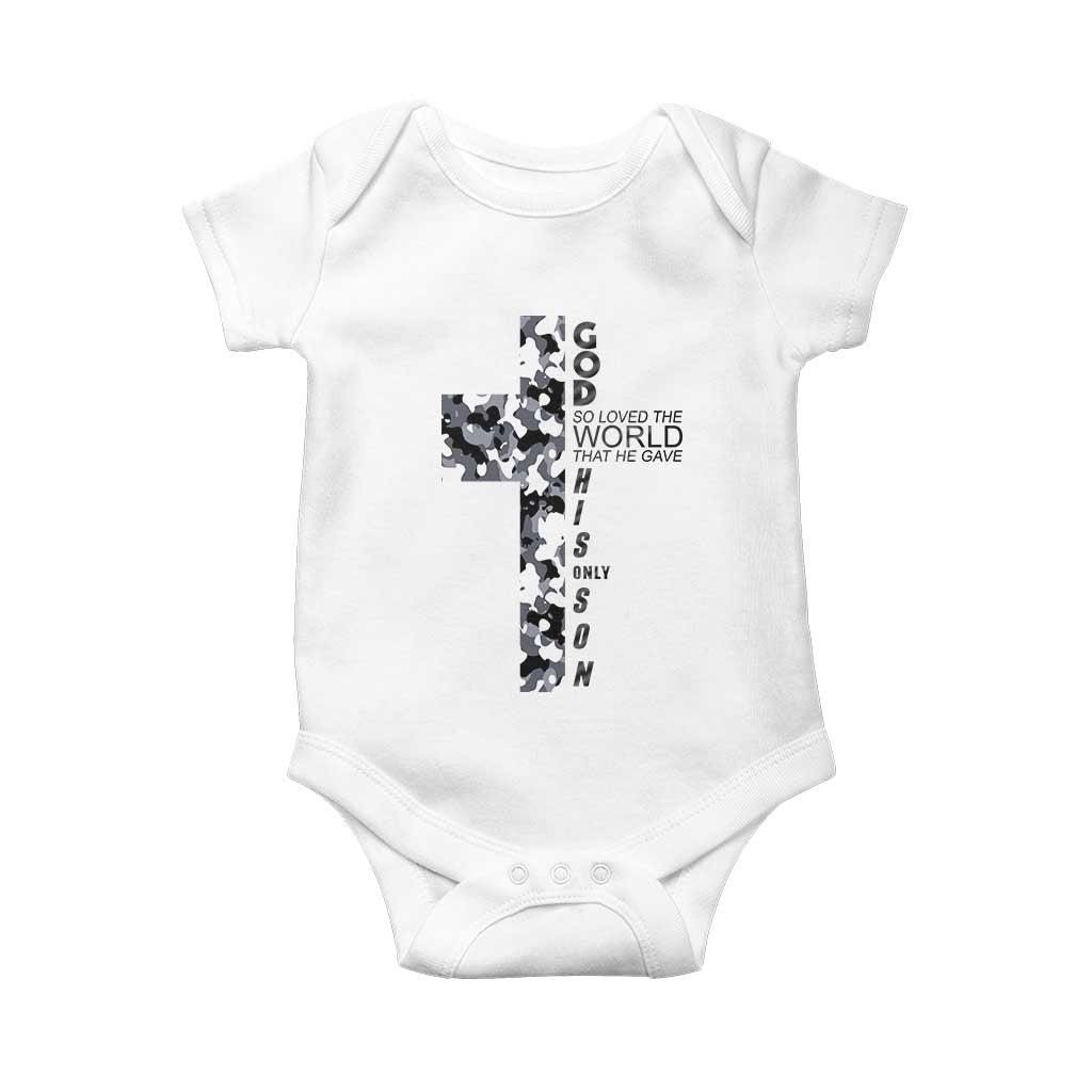 Son Of God Jesus Baby Onesie Camo Christ Cross Christian 9 John 3 16 TS10 White Print Your Wear