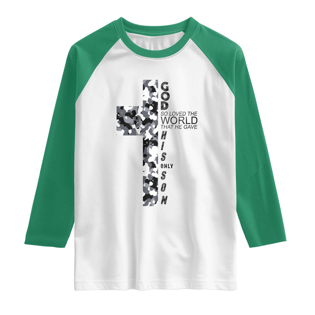 Son Of God Jesus Raglan Shirt Camo Christ Cross Christian 9 John 3 16 TS10 White Kelly Green Print Your Wear