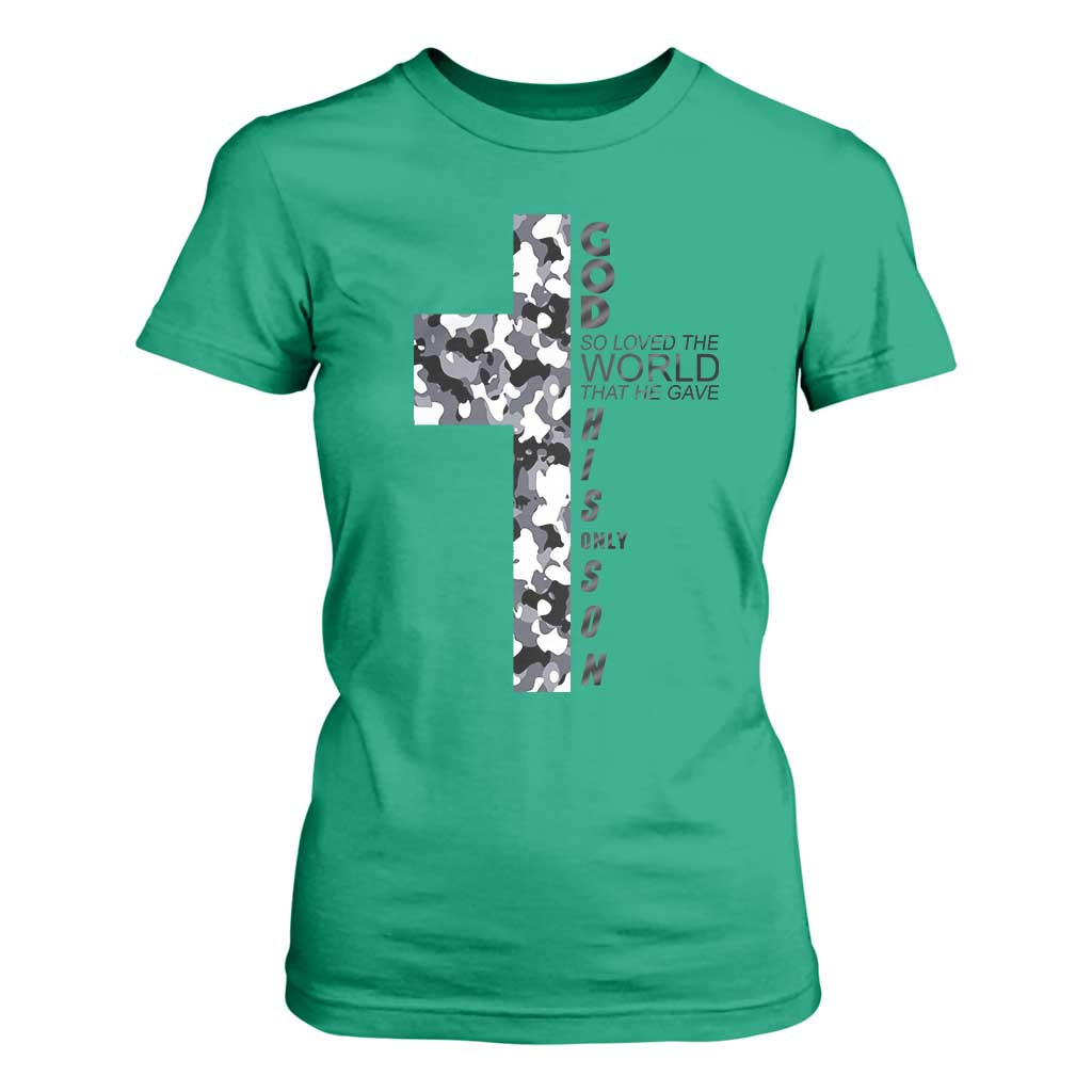 Son Of God Jesus T Shirt For Women Camo Christ Cross Christian 9 John 3 16 TS10 Irish Green Print Your Wear