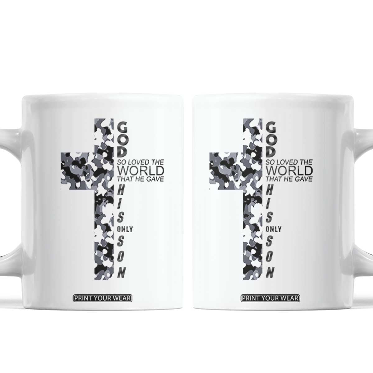 Son Of God Jesus Coffee Mug Camo Christ Cross Christian 9 John 3 16 TS10 White Print Your Wear