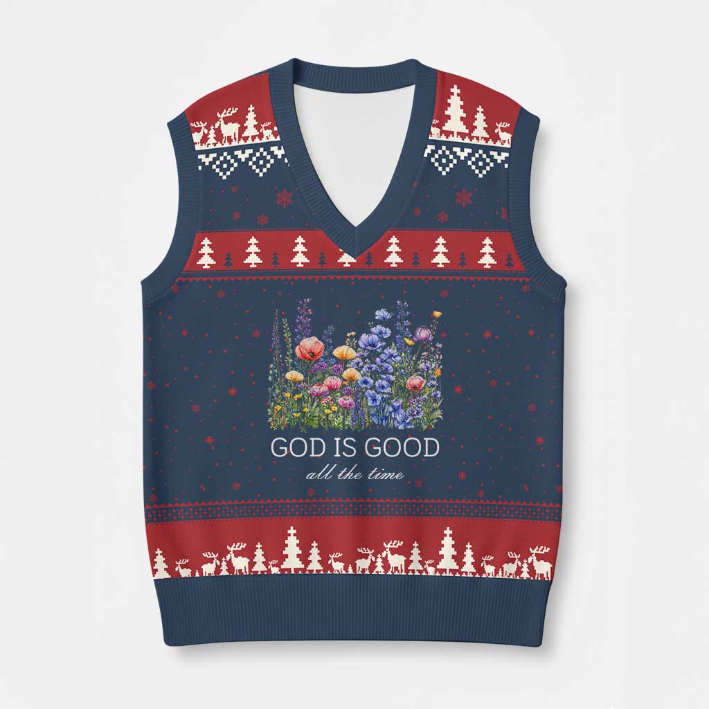 God Is Good V-Neck Knit Sweater Vest Wildflower Christian Jesus Graphic Religious Bible Verse TS10 Navy Red Print Your Wear