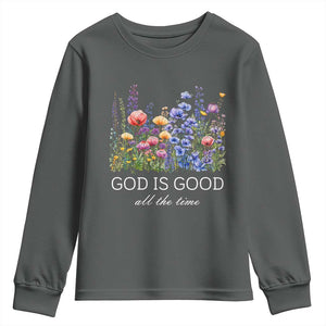 God Is Good Youth Sweatshirt Wildflower Christian Jesus Graphic Religious Bible Verse TS10 Dark Heather Print Your Wear