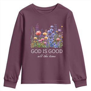 God Is Good Youth Sweatshirt Wildflower Christian Jesus Graphic Religious Bible Verse TS10 Maroon Print Your Wear