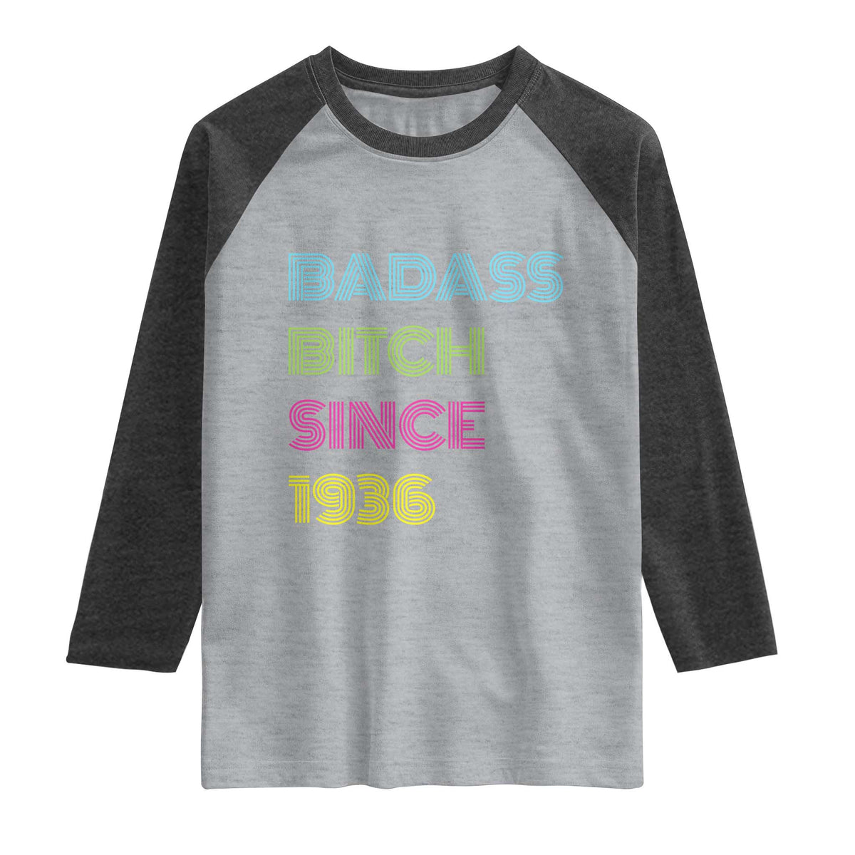 Funny 90th Birthday Raglan Shirt Retro Vintage Badass Bih Since 1936 TS10 Heather Gray Heather Charcoal Print Your Wear