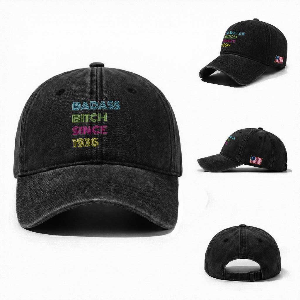 Funny 90th Birthday Washed Cotton Baseball Cap Retro Vintage Badass Bih Since 1936 TS10 Washed Cap Universal Fit Black Print Your Wear