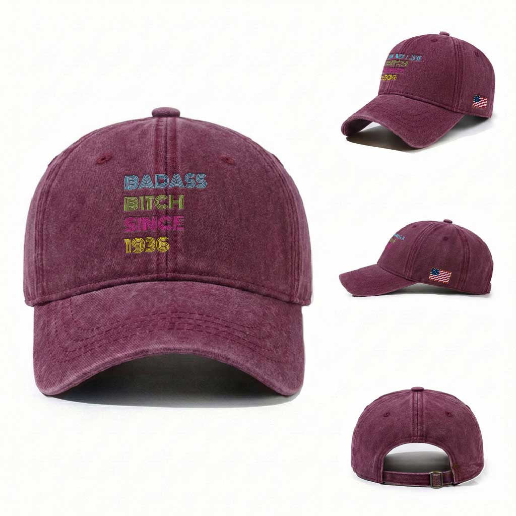 Funny 90th Birthday Washed Cotton Baseball Cap Retro Vintage Badass Bih Since 1936 TS10 Washed Cap Universal Fit Burgundy Print Your Wear