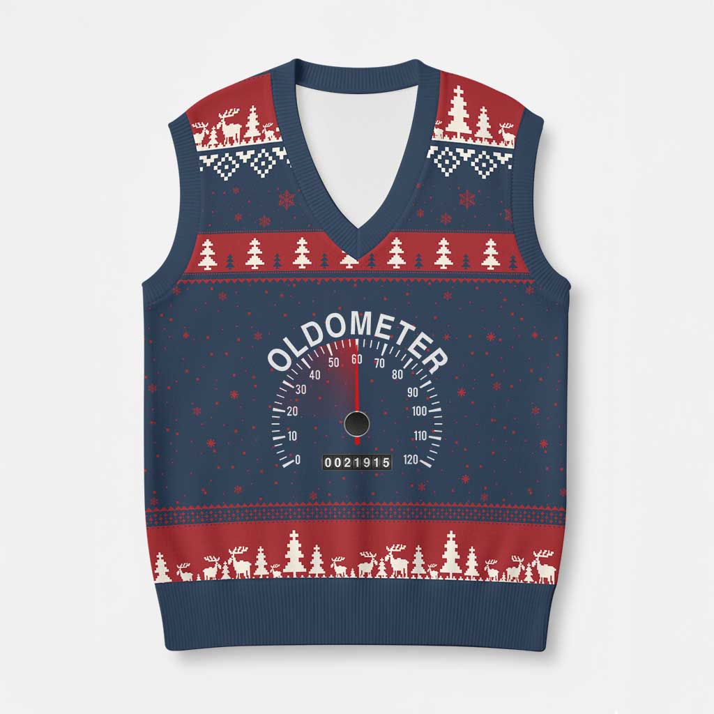 Funny 60th Birthday V-Neck Knit Sweater Vest Oldometer Odometer 60 Year Old Joke TS10 Navy Red Print Your Wear
