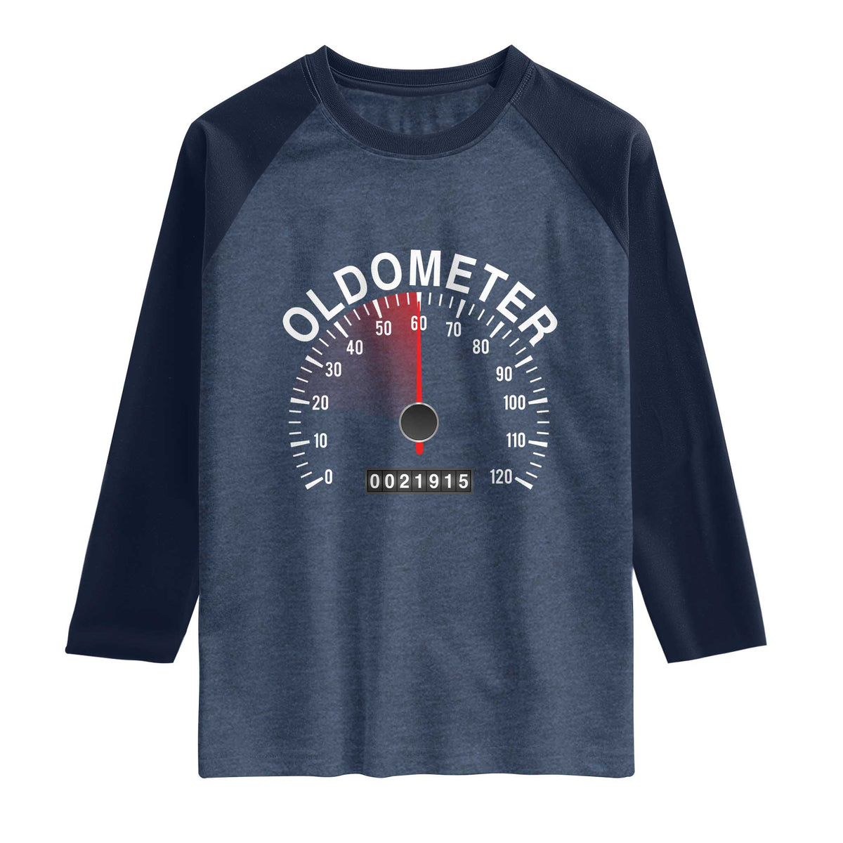 Funny 60th Birthday Raglan Shirt Oldometer Odometer 60 Year Old Joke TS10 Heather Denim Navy Print Your Wear