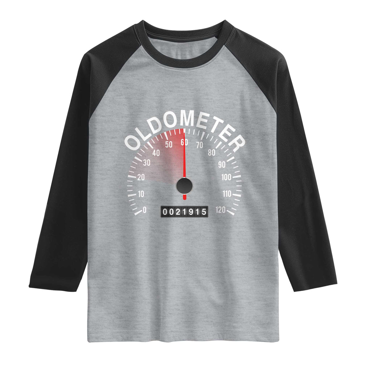 Funny 60th Birthday Raglan Shirt Oldometer Odometer 60 Year Old Joke TS10 Heather Gray Black Print Your Wear