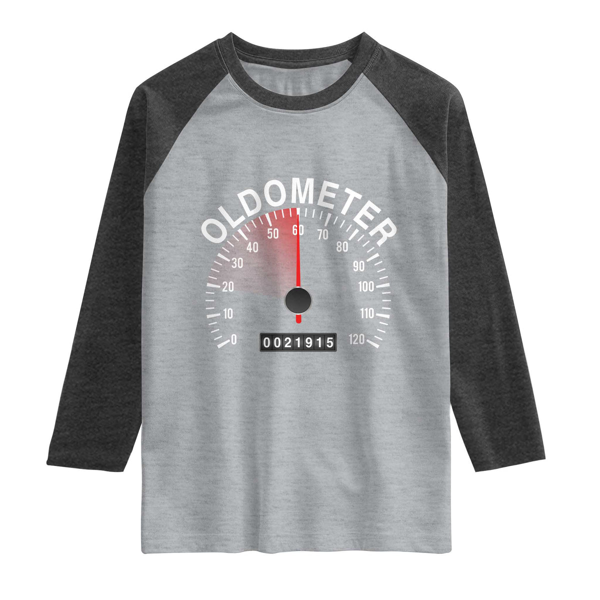 Funny 60th Birthday Raglan Shirt Oldometer Odometer 60 Year Old Joke TS10 Heather Gray Heather Charcoal Print Your Wear