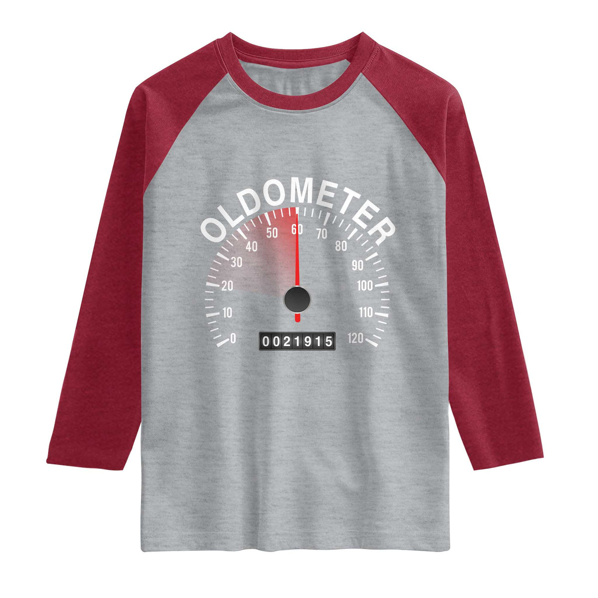 Funny 60th Birthday Raglan Shirt Oldometer Odometer 60 Year Old Joke TS10 Heather Gray Heather Red Print Your Wear