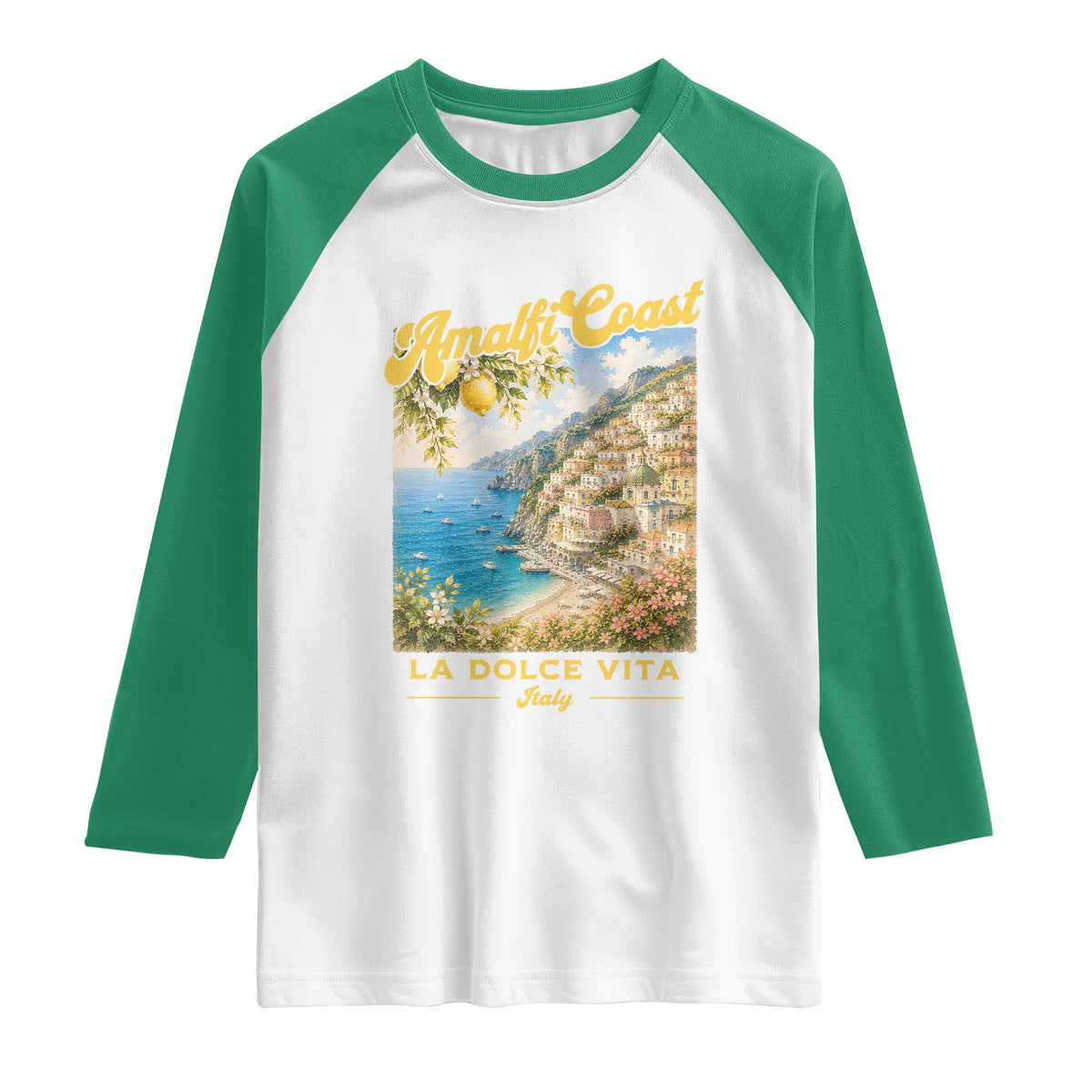 Amalfi Coast La Dolce Vita Italy Raglan Shirt Vintage Summer Amalfi Coast TS10 White Kelly Green Print Your Wear