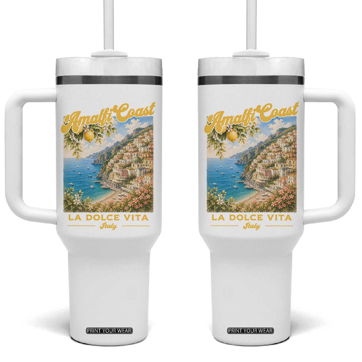 Amalfi Coast La Dolce Vita Italy Tumbler With Handle Vintage Summer Amalfi Coast TS10 One Size: 40 oz White Print Your Wear