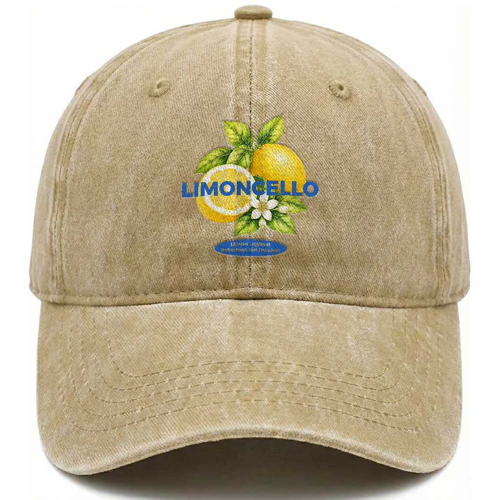 Vintage Limoncello Lemon Liqueur Washed Cotton Baseball Cap Citrus Fruit Botanical Italian Summer Graphic