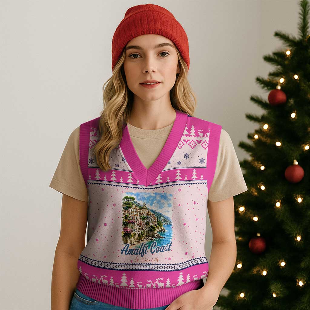 Amalfi Coast V-Neck Knit Sweater Vest La Dolce Vita Italy Coastal Village Vintage Mediterranean Paradise TS10 Hot Pink Print Your Wear