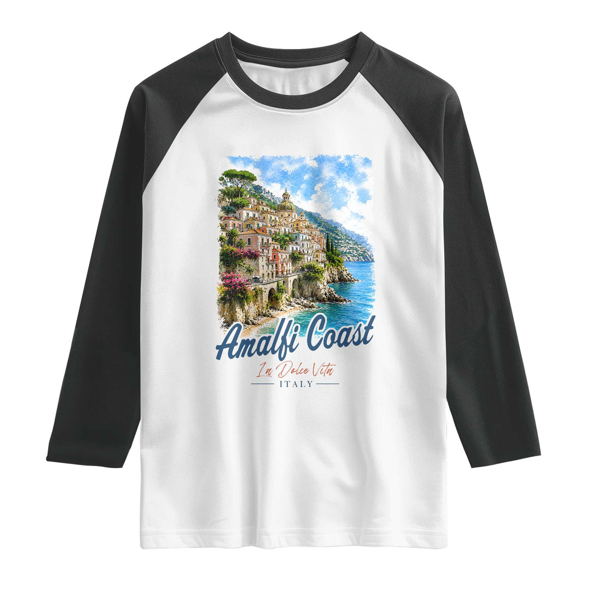 Amalfi Coast Raglan Shirt La Dolce Vita Italy Coastal Village Vintage Mediterranean Paradise TS10 White Black Print Your Wear
