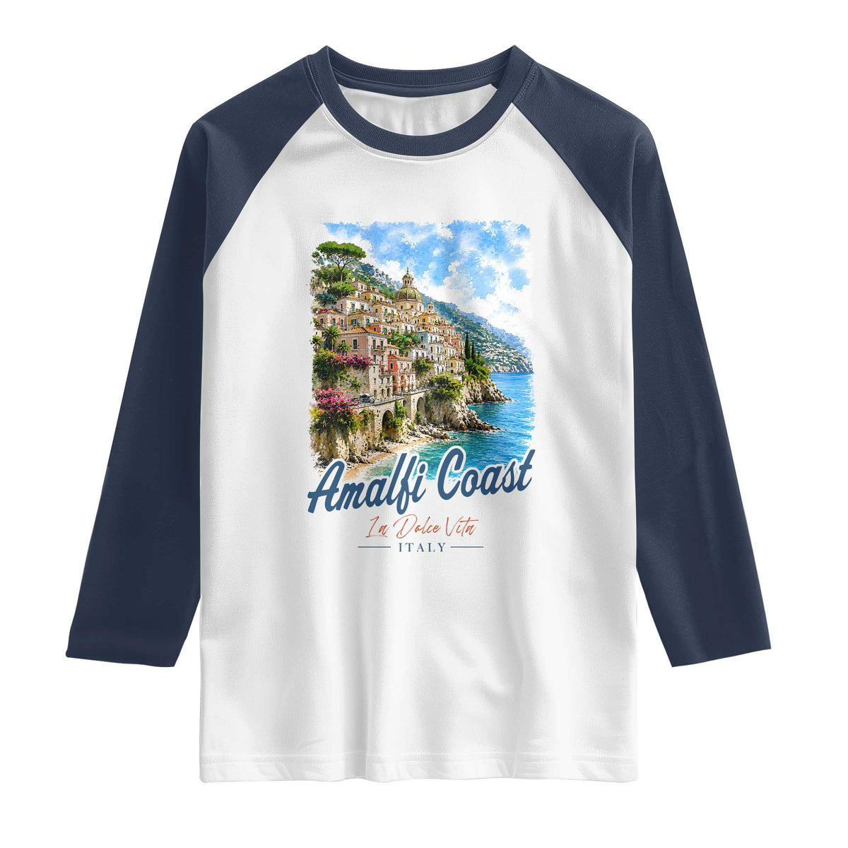 Amalfi Coast Raglan Shirt La Dolce Vita Italy Coastal Village Vintage Mediterranean Paradise TS10 White Navy Print Your Wear