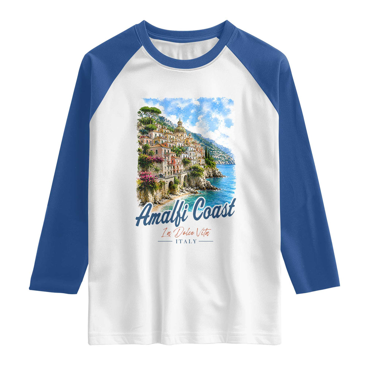 Amalfi Coast Raglan Shirt La Dolce Vita Italy Coastal Village Vintage Mediterranean Paradise TS10 White Royal Print Your Wear