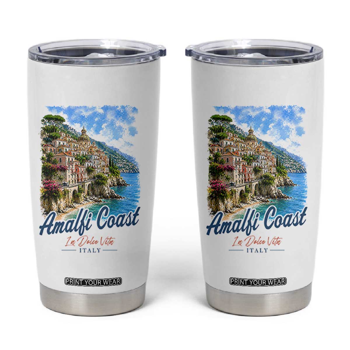 Amalfi Coast Tumbler Cup La Dolce Vita Italy Coastal Village Vintage Mediterranean Paradise TS10 White Print Your Wear