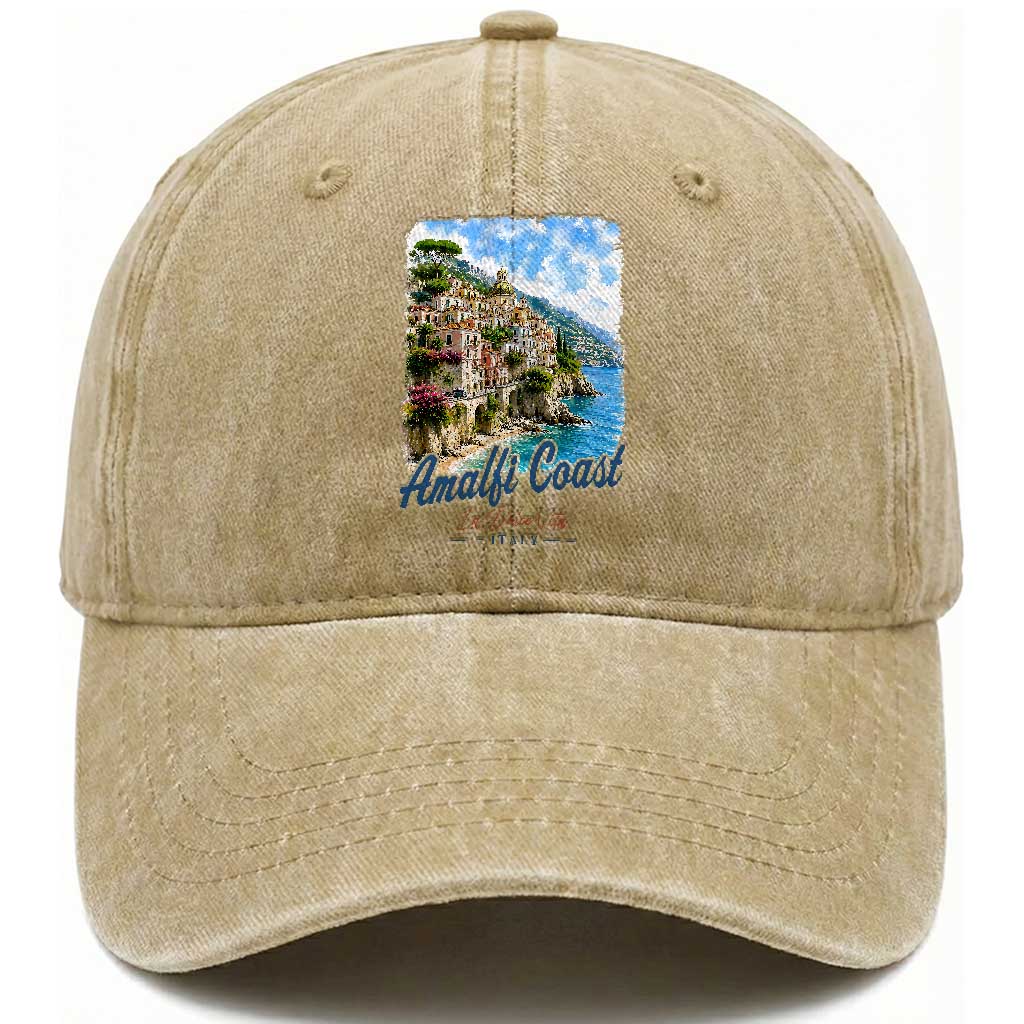 Amalfi Coast Washed Cotton Baseball Cap La Dolce Vita Italy Coastal Village Vintage Mediterranean Paradise TS10 Print Your Wear