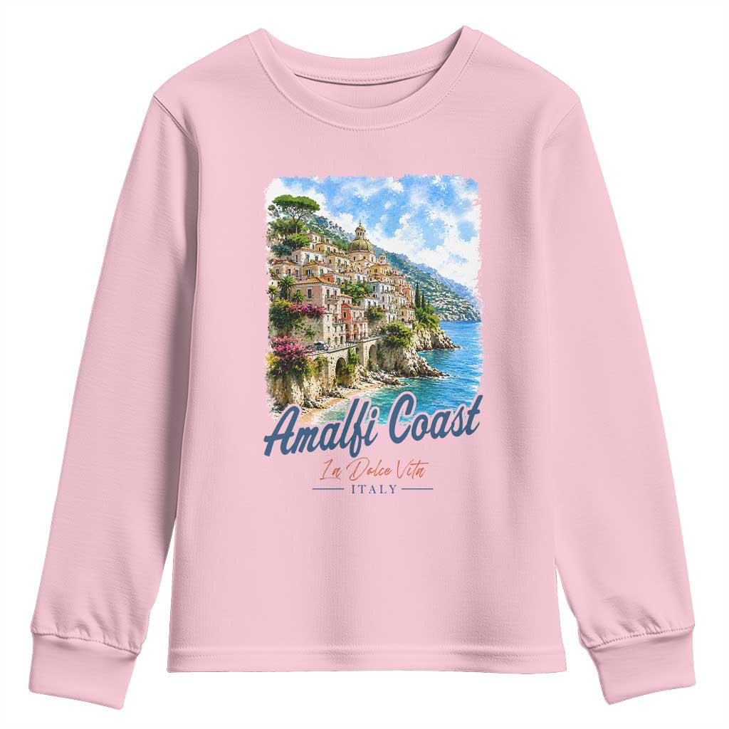 Amalfi Coast Youth Sweatshirt La Dolce Vita Italy Coastal Village Vintage Mediterranean Paradise TS10 Light Pink Print Your Wear