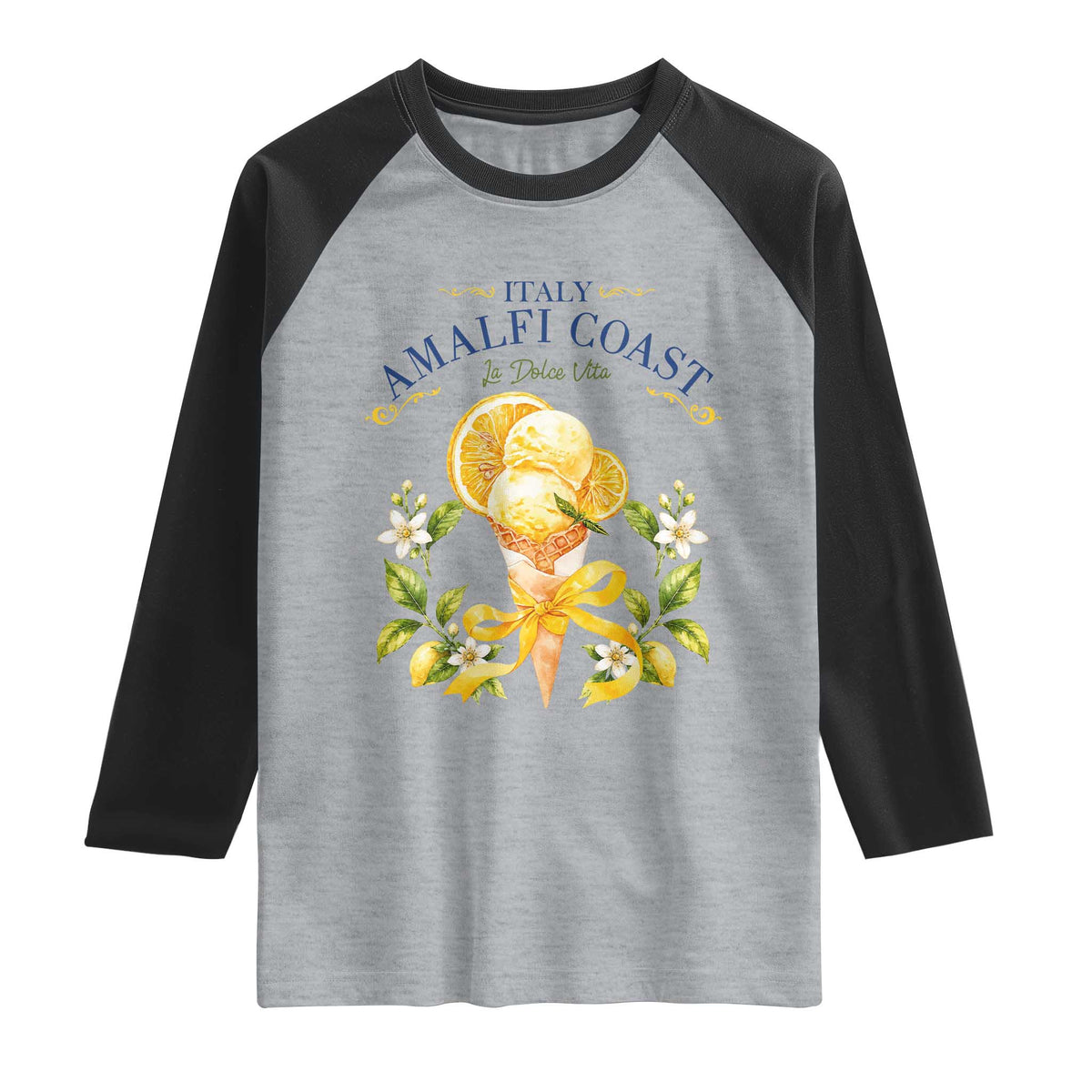 Amalfi Coast Limoncello Gelato Raglan Shirt La Dolce Vita Italy Lemon Dessert Summer TS10 Heather Gray Black Print Your Wear